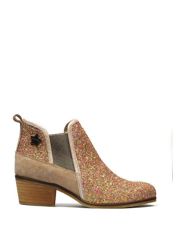 Bota em Camurça Castanha com Glitter e Salto em Bloco