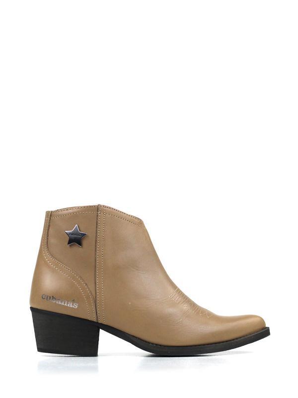 Botim Texano Beige em Pele com Salto em Bloco