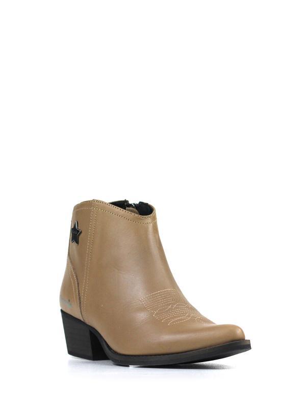 Botim Texano Beige em Pele com Salto em Bloco