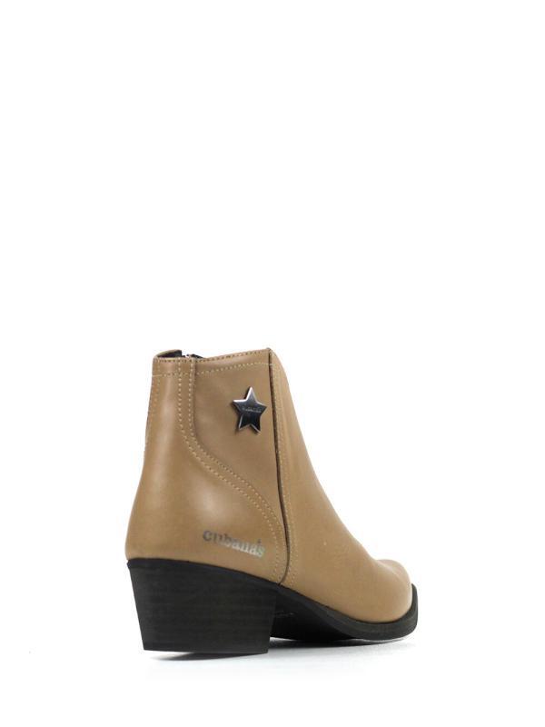 Botim Texano Beige em Pele com Salto em Bloco