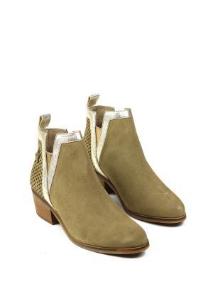 Bota em Camurça Beige e Pele Dourada com Salto em Bloco