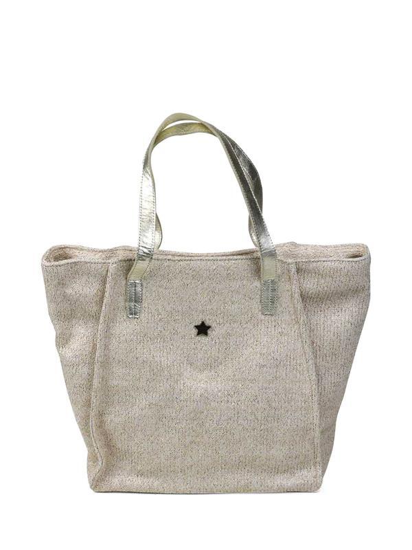 Mala Shopper em Tecido Beige com Glitter com Alça em Pele Dourada