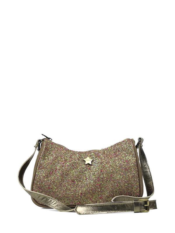Mala Mini em Camurça Beige com Glitter e Alça Tiracolo em Pele Dourada