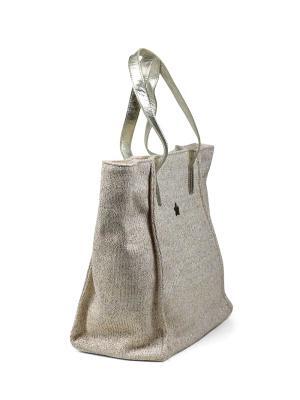 Mala Shopper em Tecido Beige com Glitter com Alça em Pele Dourada