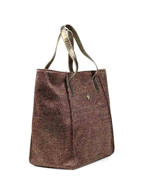 Mala Shopper em Tecido Castanho com Glitter com Alça em Pele Dourada
