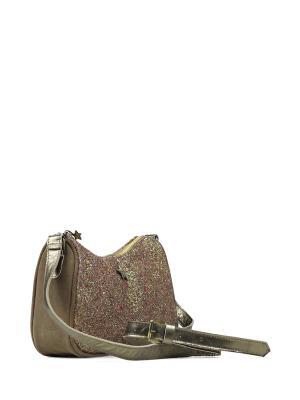 Mala Mini em Camurça Beige com Glitter e Alça Tiracolo em Pele Dourada