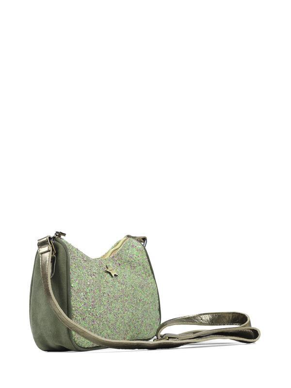 Mala Mini em Camurça Verde com Glitter e Alça Tiracolo em Pele Dourada