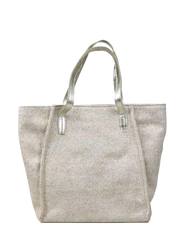 Mala Shopper em Tecido Beige com Glitter com Alça em Pele Dourada