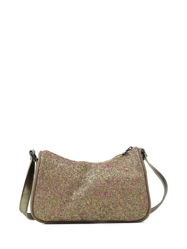 Mala Mini em Camurça Beige com Glitter e Alça Tiracolo em Pele Dourada