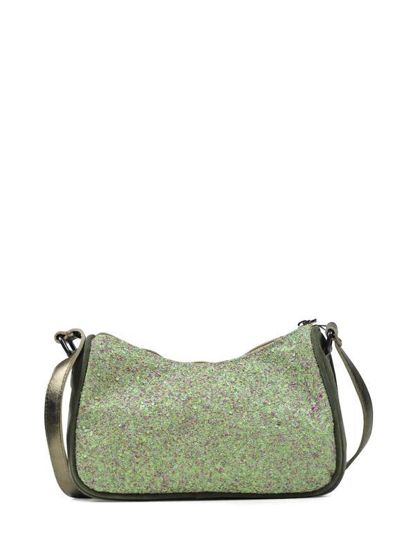 Mala Mini em Camurça Verde com Glitter e Alça Tiracolo em Pele Dourada