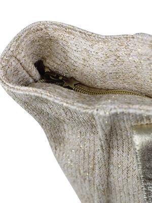 Mala Shopper em Tecido Beige com Glitter com Alça em Pele Dourada