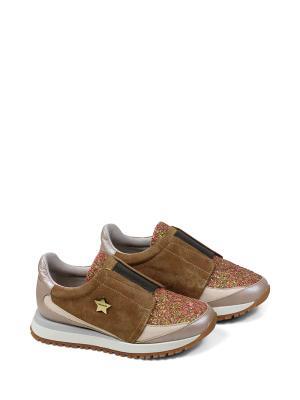 Ténis em Pele Beige com Camurça Camel e Glitter