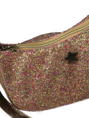 Mala Mini em Camurça Beige com Glitter e Alça Tiracolo em Pele Dourada