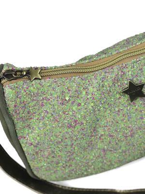 Mala Mini em Camurça Verde com Glitter e Alça Tiracolo em Pele Dourada