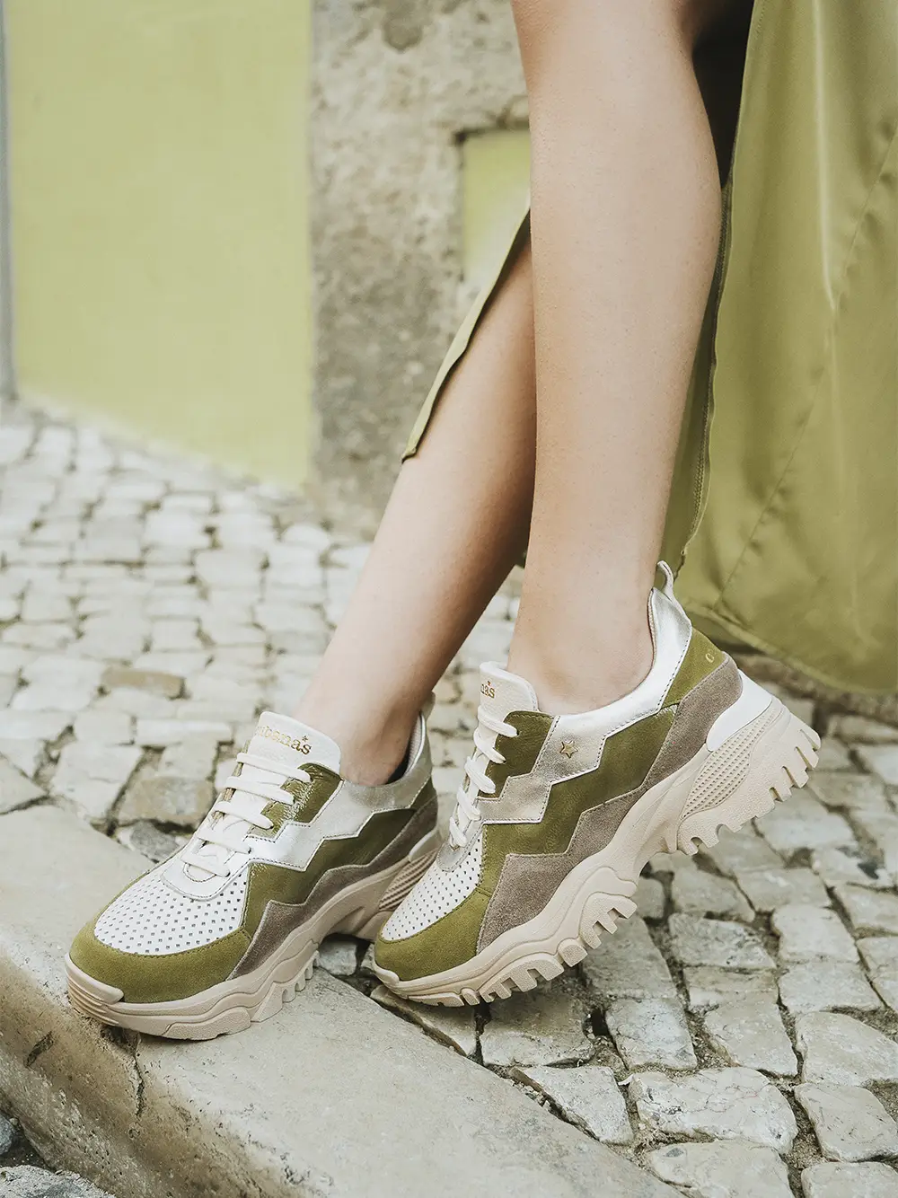 Green Leather and Suede Sneakers with Tractor Sole - Image 2