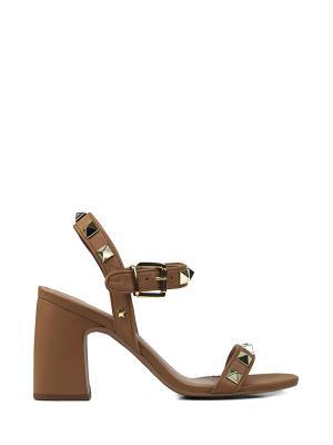 Sandália em Pele Brown e Tiras com Aplicações em Dourado