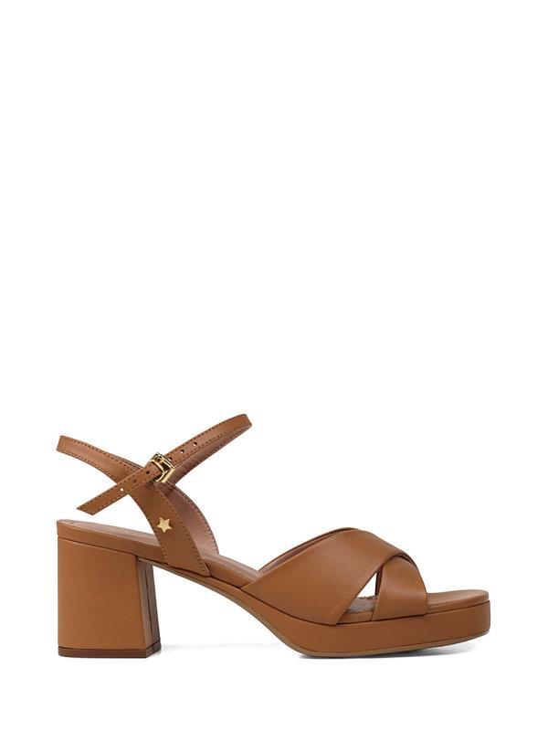 Brown Leather Sandal with Cross Straps and Block Heel