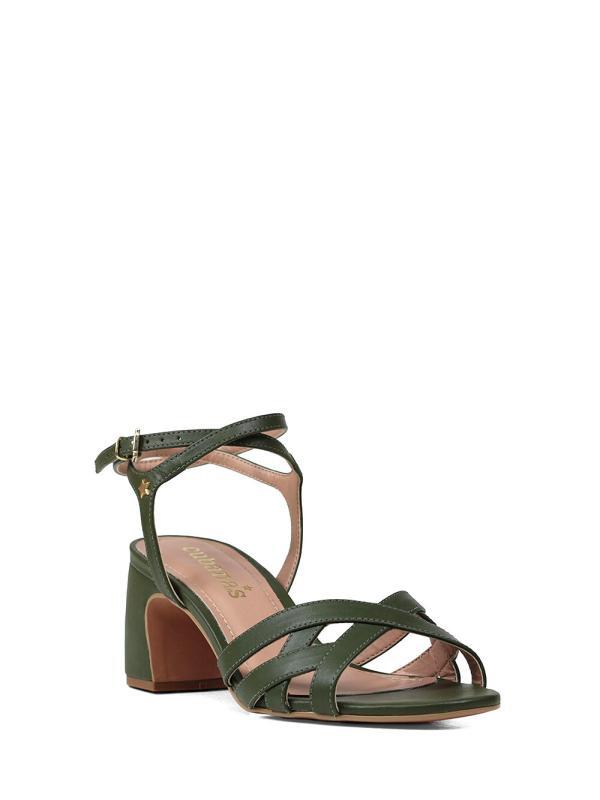 Green Leather Sandal with Braided Straps and Medium Heel - Image 2