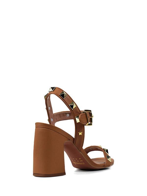 Sandália em Pele Brown e Tiras com Aplicações em Dourado