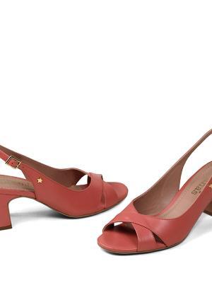 Sandália Peep Toe em Pele Rosa e Salto em Bloco