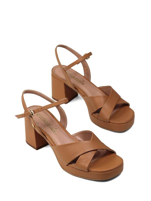Brown Leather Sandal with Cross Straps and Block Heel - Image 4