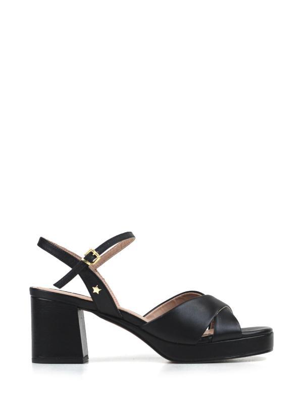 Black Leather Sandal with Cross Straps and Block Heel