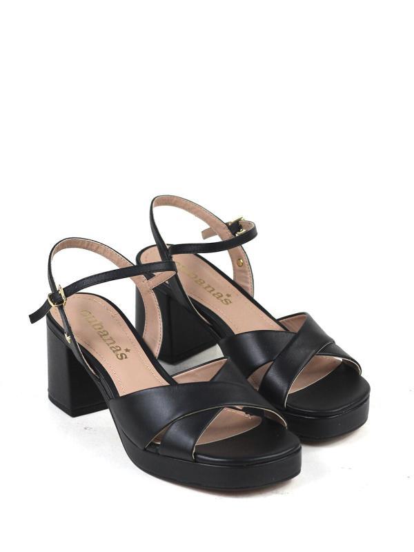 Black Leather Sandal with Cross Straps and Block Heel - Image 4