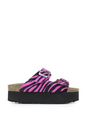 Amalia-Sandália Plataforma em Pelo Rosa Animal Print e Duas Tiras