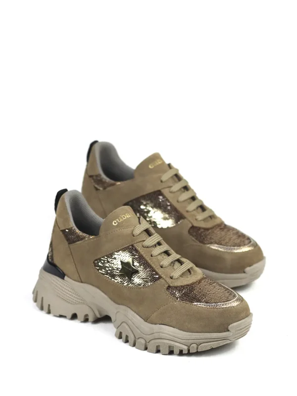 Ténis em Camurça Camel e Glitter Dourado