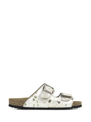 Amalia-Sandália em Animal Print Branco e Dourado