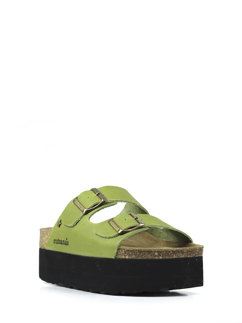 Amalia-Sandália Plataforma Verde em Pele com Duas Tiras - Image 2