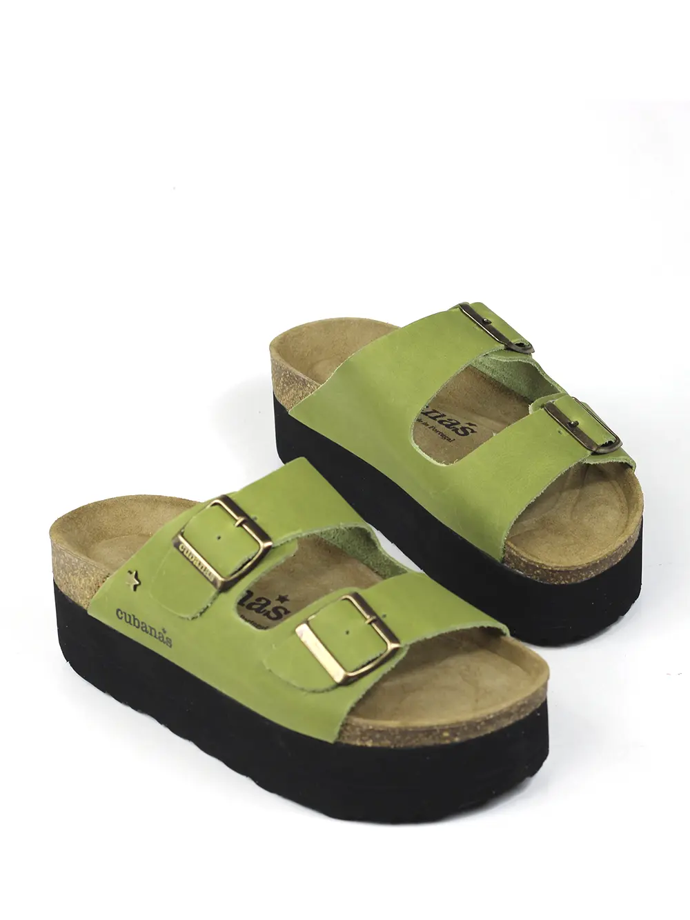 Amalia-Sandália Plataforma Verde em Pele com Duas Tiras - Image 4