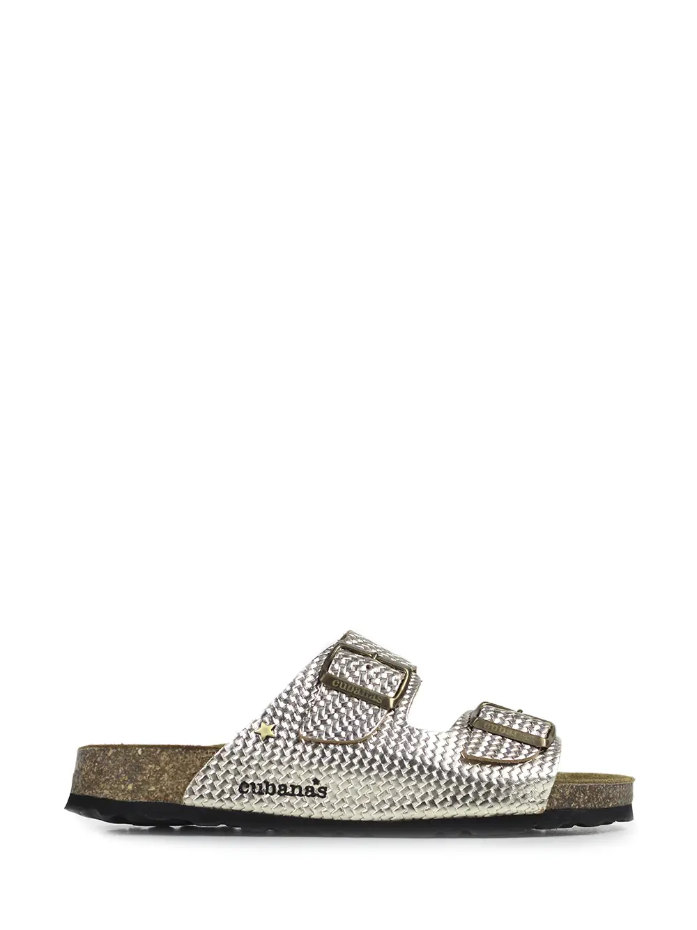 Amalia-Sandália em Pele Texturizada Dourada com Duas Tiras