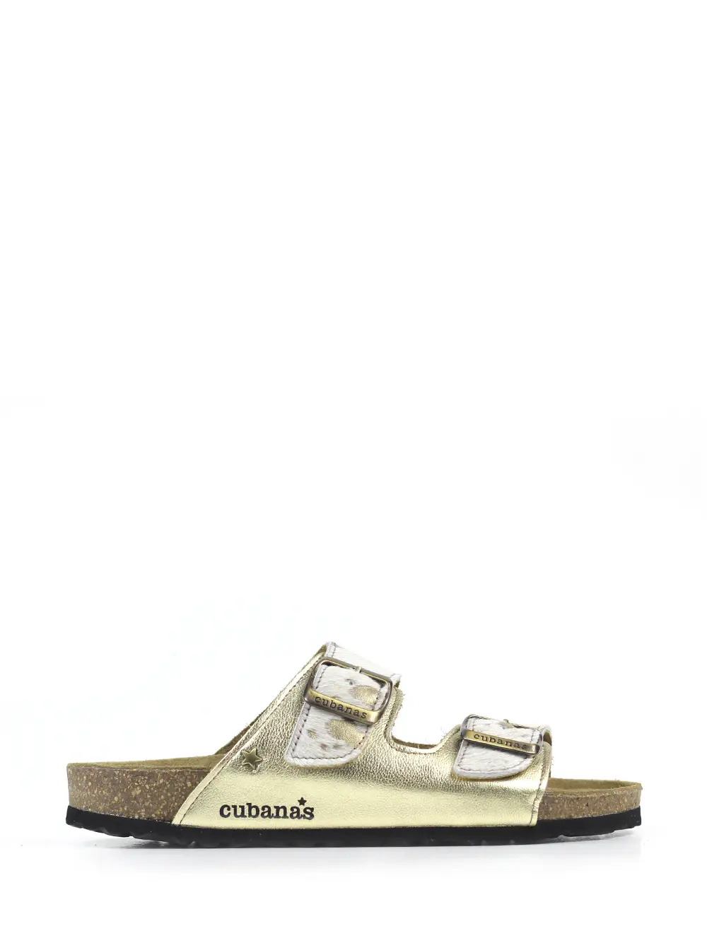 Amalia-Sandália em Pele Dourada e Animal Print Vaca